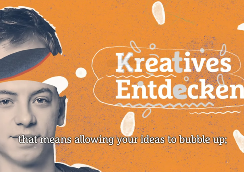 Illustration mit einem Jungen, daneben steht: Kreatives Entdecken - that means allowing ideas to bubble up.